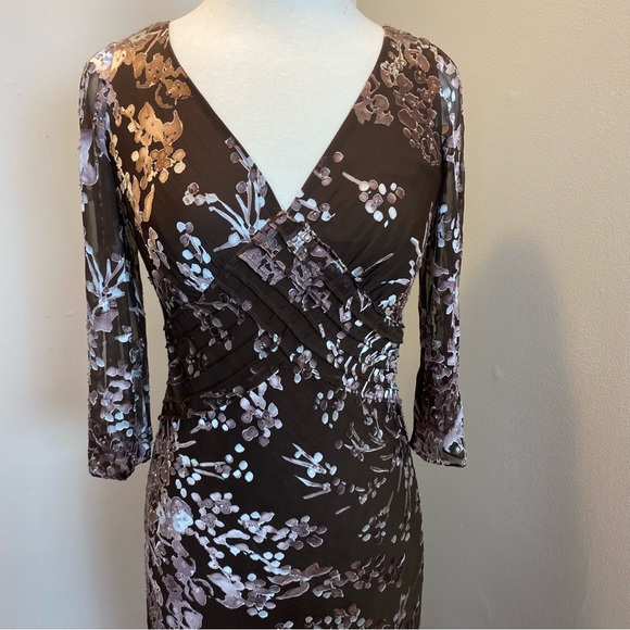 Papell Boutique Brown Velvet Burnout Floral Dress - Picture 2 of 9